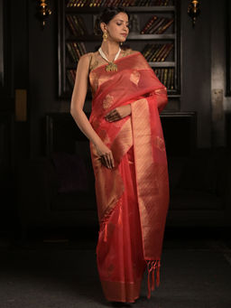 EXCLUSIVA - Red Woven Organza Silk Saree with Unstitched Blouse