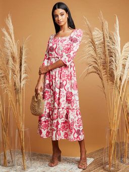 Styli - Pink Square Neck Floral Print A-line Midi Dress