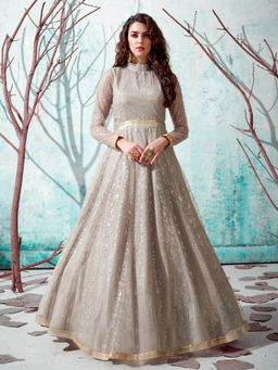 Odette - Designer Beige Net Semi Stitched Gown