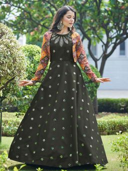 Odette - Designer Olive Cotton Semi Stitched Gown