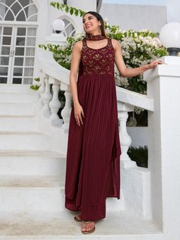 Odette - Classic Embroidered Maroon Georgette Semi Stitched Gown (Set of 2)