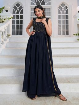 Odette - Blue Embroidered Georgette Partywear Semi Stitched Gown (Set of 2)