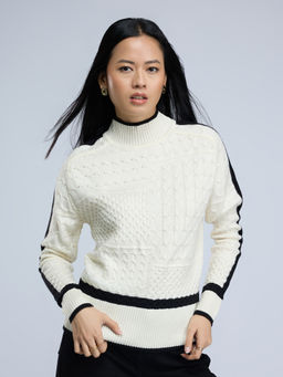 Twenty Dresses by Nykaa Fashion - Off White Self Design Turtle Neck Sweater