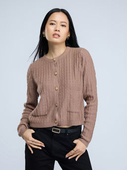 Twenty Dresses by Nykaa Fashion - Beige Square Self Design Round Neck Cardigan