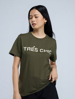 Twenty Dresses by Nykaa Fashion - Olive Green Typography Print Embellished Round Neck Tshirt