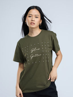 Twenty Dresses by Nykaa Fashion - Olive Green Typography Print Embellished Round Neck Oversized Tshirt