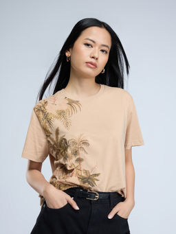 Twenty Dresses by Nykaa Fashion - Beige Oversized Printed Round Neck Tshirt