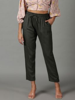 SHOWOFFFF - Women's Mid-rise Olive Solid Regular Fit Cigarette Trousers