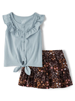 The Children's Place - Girls Blue Ruffle Front Tie Top with Brown Floral Printed Skirt