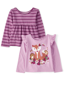 The Children's Place - Girls Purple Striped and Printed Tops (Set of 2)