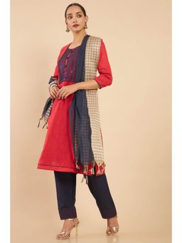 Soch - Red Art Silk Embroidered Dress Material with Blue Dupatta (Set of 3)