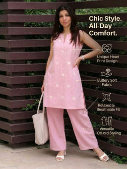Gahan - Womens Cotton Blend Straight Embroidery Co-Ord Set - Pink