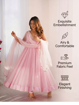 Wedani - Pastel Pink Embroidered Flared Anarkali and Pant with Sheer Dupatta