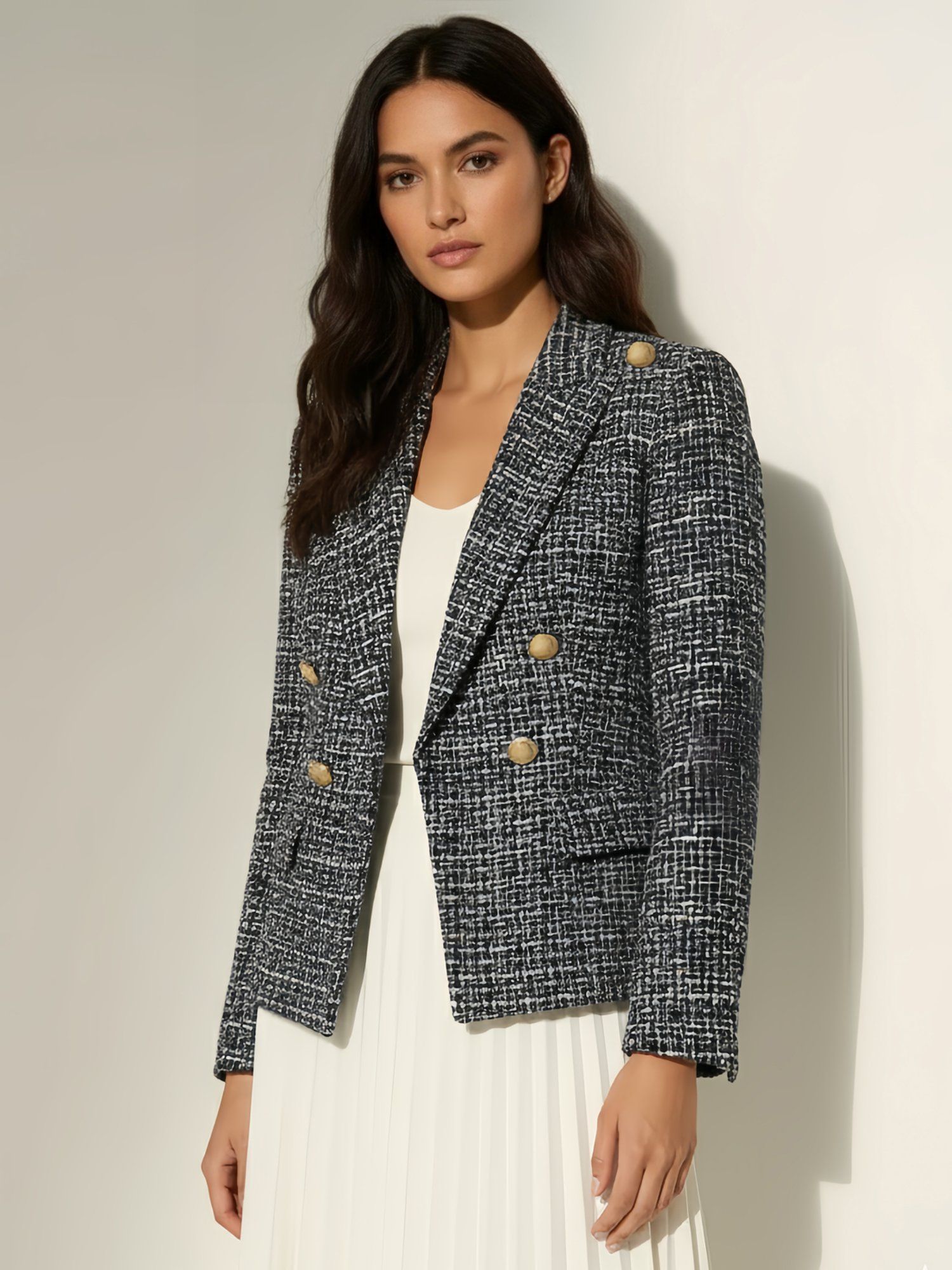 styli Women Navy Blue Double Breasted Tweed Short Length Blazer-picture-12