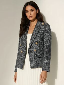 Styli - Women Navy Blue Double Breasted Tweed Short Length Blazer