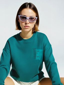 Styli - Women Green Typography Print Regular Length Sweatshirt