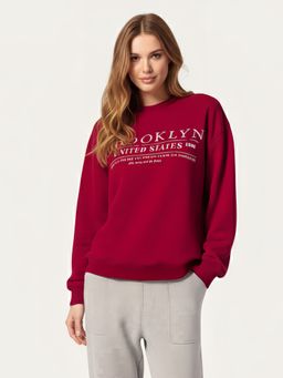 Styli - Women Regular Fit Slogan Red Sweatshirt