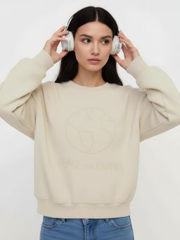 Styli - Women Regular Fit Embroidered Beige Sweatshirt