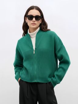 Styli - Women Green Solid Zipper Cardigan