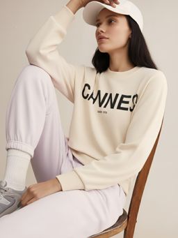 Styli - Women Cream Regular Fit Long Length Sweatshirt with Side Slit