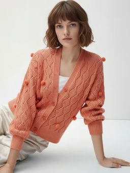 Styli - Women Orange Round Neck Regular Length Pompom Details Cardigans