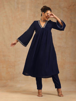 trueBrowns - Midnight Blue Velvet Embroidered Kurta