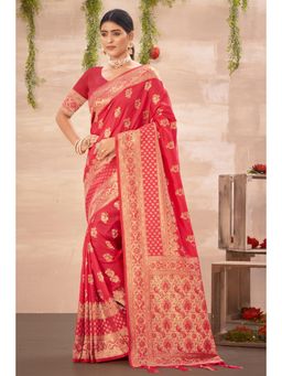 Sangam Prints - Pink Silk Woven Zari Work Traditional Tassel Saree with Unstitched Blouse