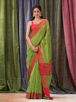 Angoshobha - Cotton Blended Green & Red Handloom Tangail Saree with Unstitched Blouse