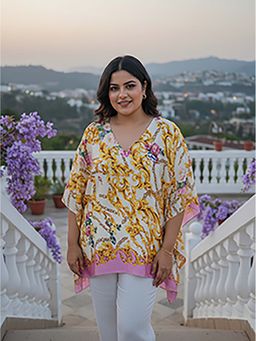 Qurvii - Yellow Chain Print Short Kaftan Top