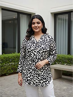 Qurvii - White Animal Print Half Placket Satin Shirt