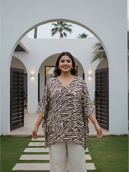 Qurvii - Brown Zebra Print Satin Asymmetrical Hemline Kaftan Top