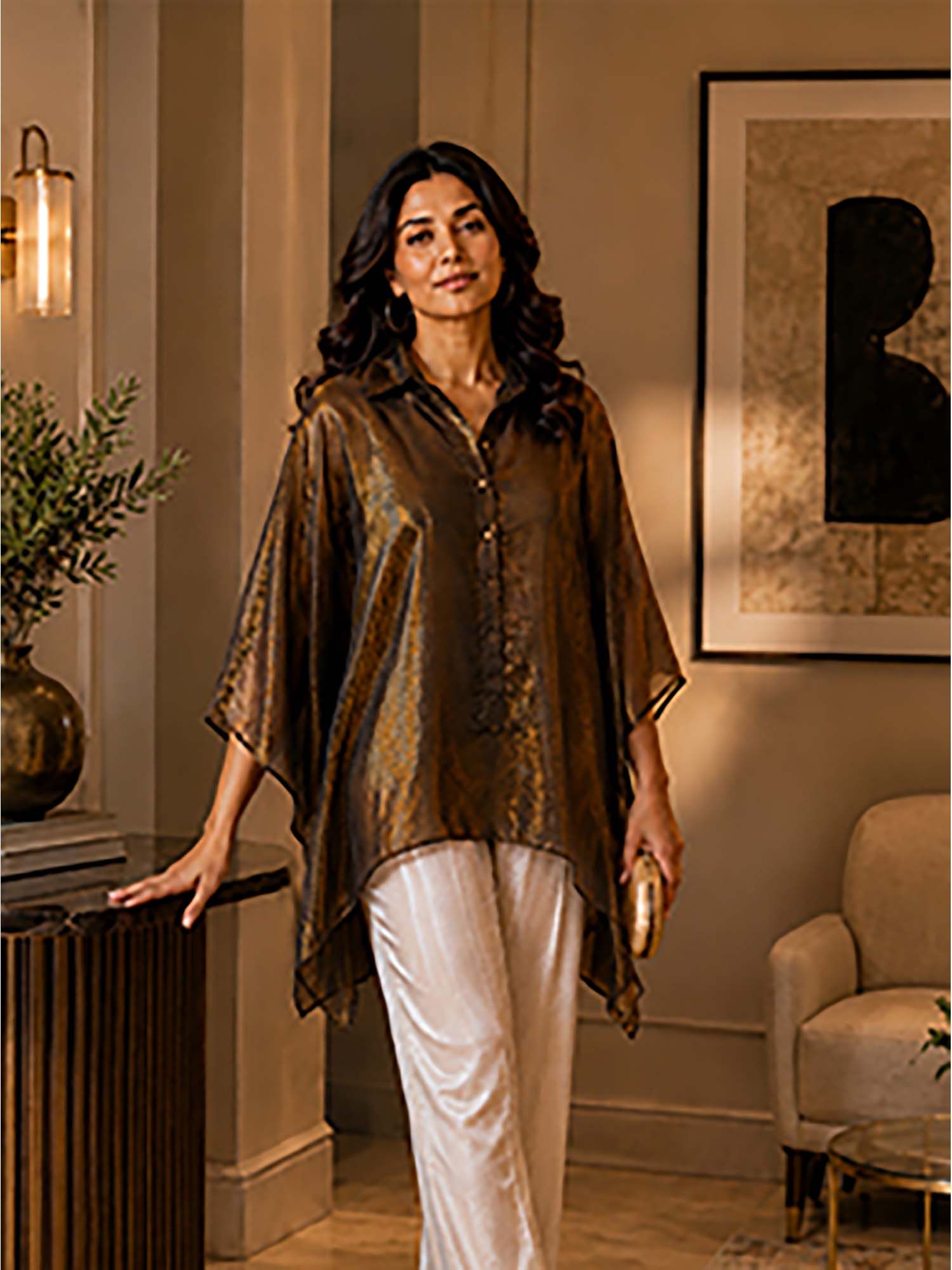 qurvii Brown Organza Half Placket Asymmetrical Hemline Kaftan Top-picture-32