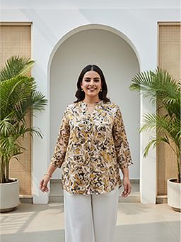 Qurvii - Beige Mandarin Collar Half Placket Satin Shirt