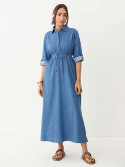 Femmella - Mid Blue Shirt Denim Maxi Dress