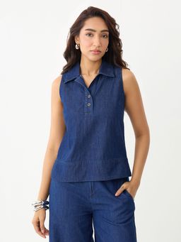 Femmella - Navy Blue Half Placket Denim Top