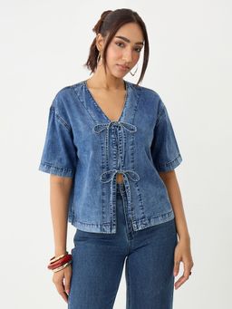 Femmella - Acid Blue Front Tie-Up Denim Top
