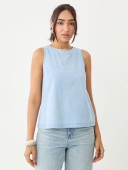 Femmella - Ice Blue Back Bow Detail Denim Top