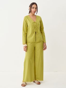 Femmella - Citrine Green Frayed Edge Tie-Up Linen Co Ord Set