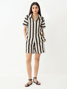 Femmella - Beige Black Stripe Crochet Co Ord Set Set