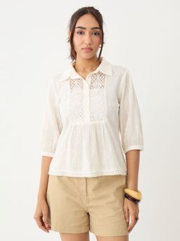 Femmella - Off White Lace Insert Cotton Dobby Top