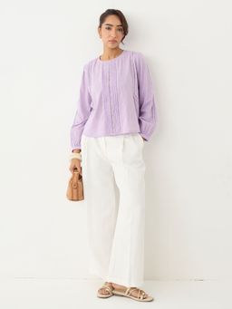 Femmella - Purple Sage Lace Insert Pleated Front Top