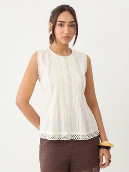 Femmella - Off White Pleated Peplum Dobby Top