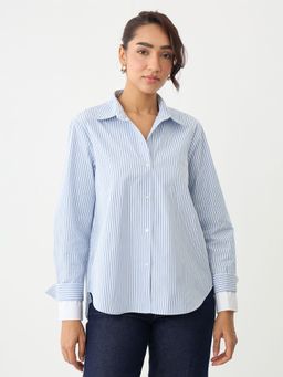 Femmella - Blue Stripe Double Cuff Detail Shirt