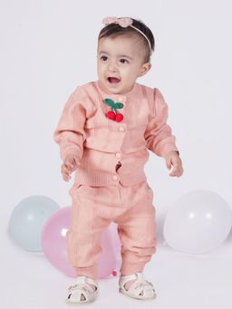 Mama & Peaches - Cherry Applique Knitted Co-Ord - Peach (Set of 2)