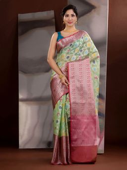 CHARUKRITI - Green Organza Zari Handwoven Saree with Unstitched Blouse