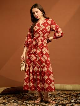 Globus - Women Red Mandarin Collar Printed Belted A-Line Midi Dress with Belt