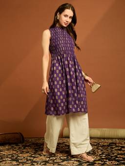 Globus - Women Purple Frilled High Neck Sleeveless Floral Printed Pleated Kurta