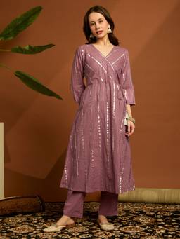 Globus - Women Lavender V-Neck Tassel Kurta and Pant