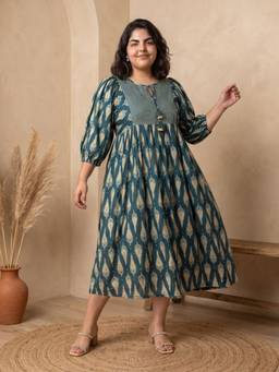 Globus - Women Teal Ethnic Print Round Tie-Up Neck A-Line Plus Size Midi Dress