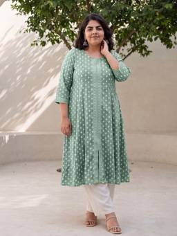 Globus - Women Green Round Neck Ethnic Foil Print Plus Size A-Line Kurta